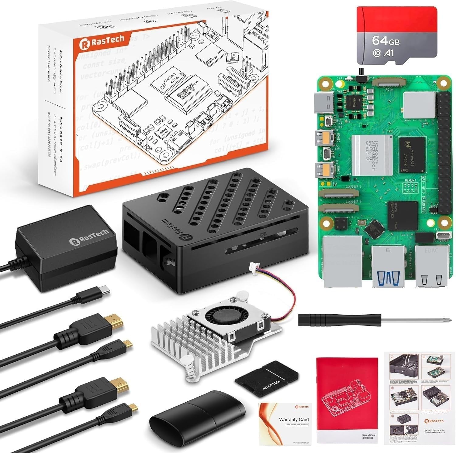 RasTech Raspberry Pi 5 8GB Kit 64GB Edition with Active Cooler,27W GaN 5.1V5A...