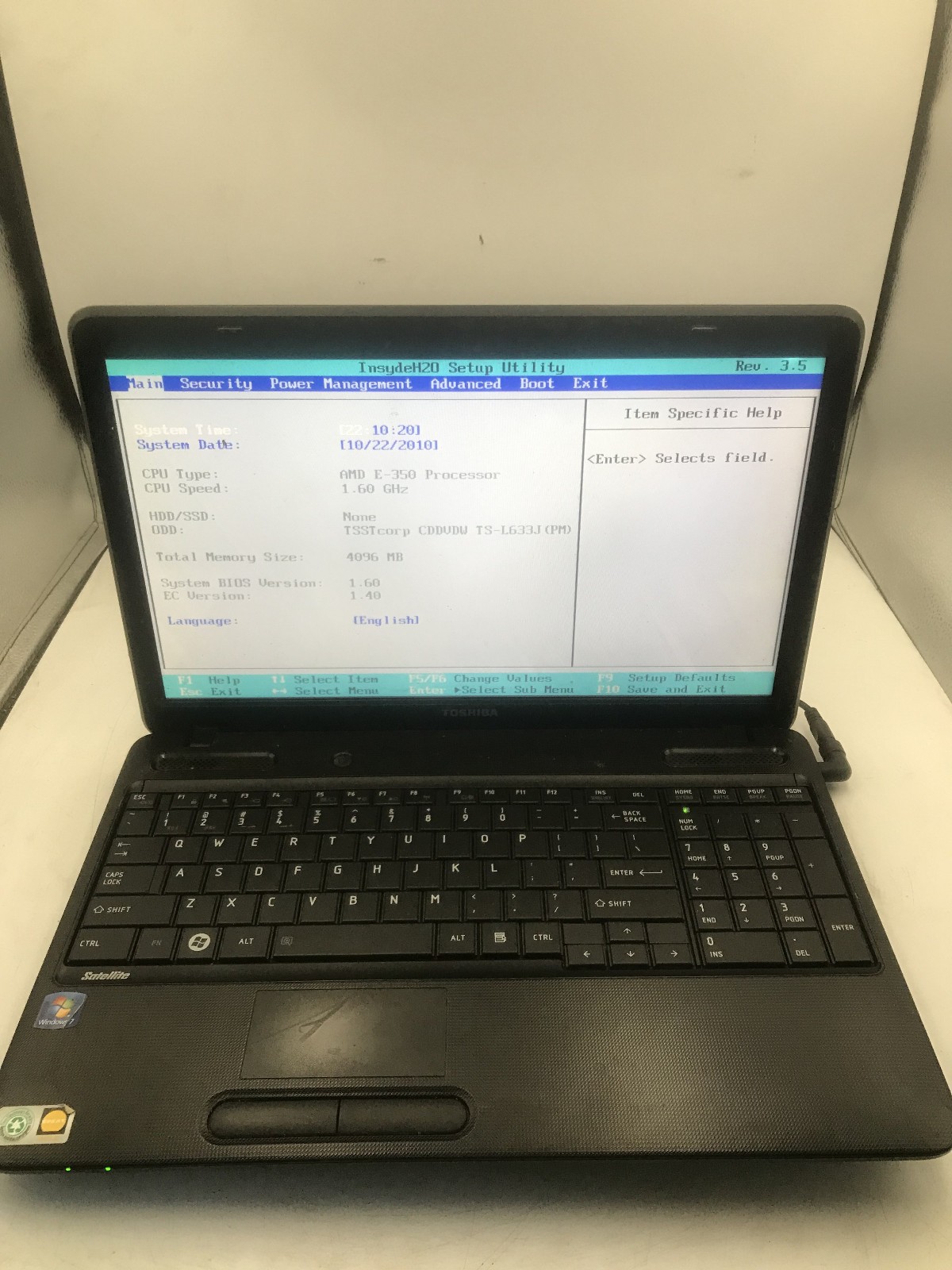 TOSHIBA SATELLITE C655D S5209 - BOOTS TO BIOS - AMD E 350 - NO RAM -READ DESC-BB