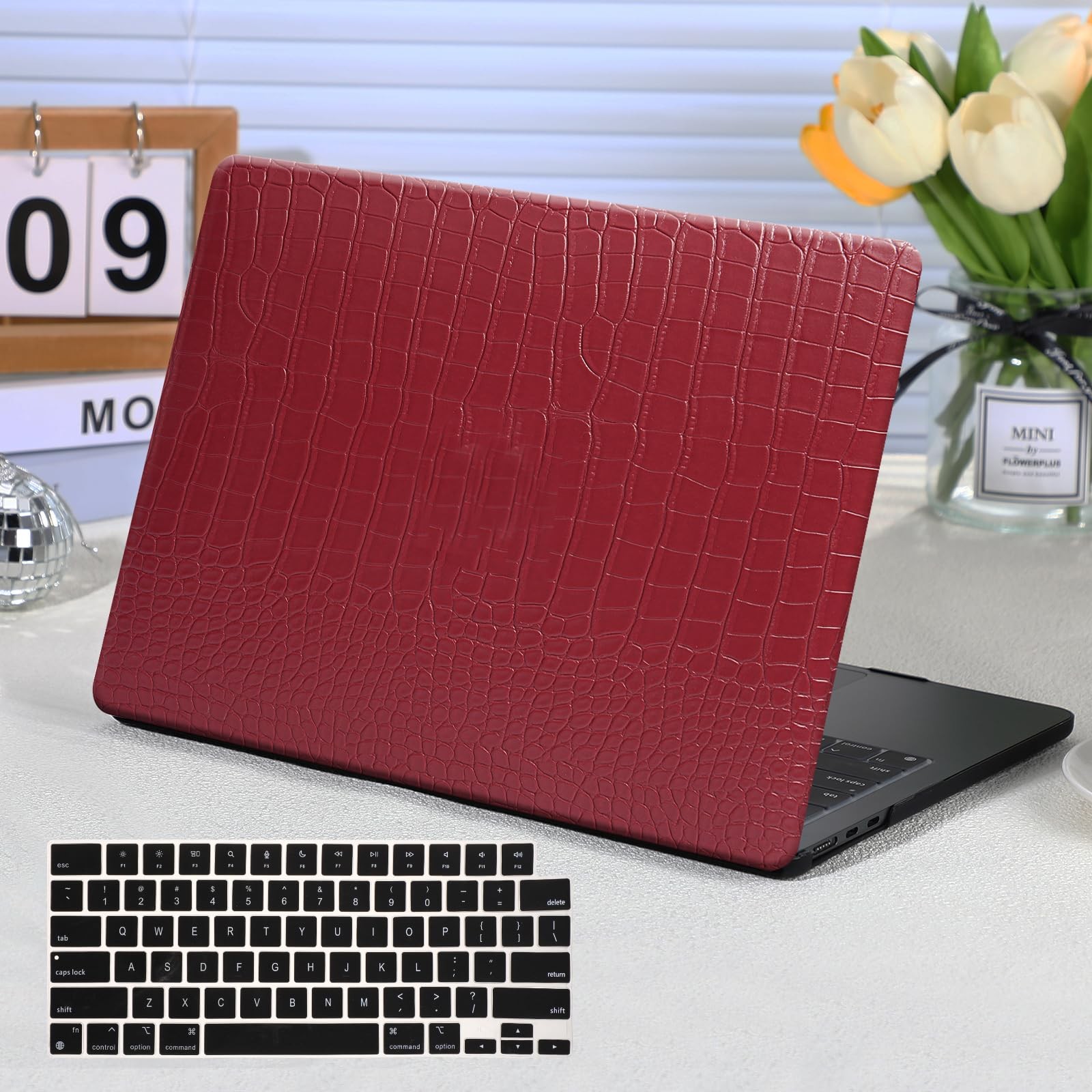 Funut for MacBook Air 13 Inch Case Leather Laptop Hard Shell & KeyboardCover Red