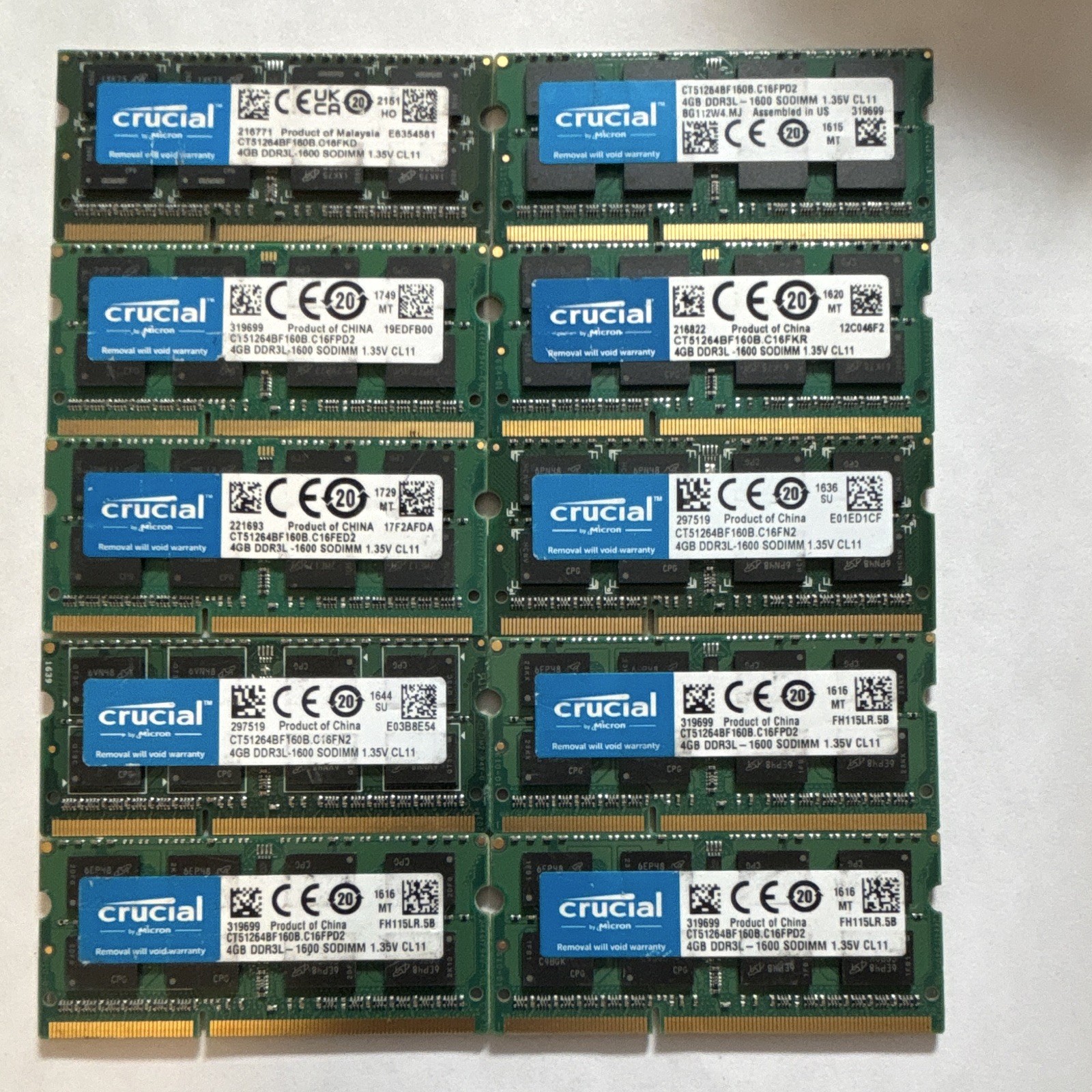 Lot of 10 Crucial 4GB DDR3L-1600 PC3L-12800S SODIMM Laptop RAM Tested 40GB ④