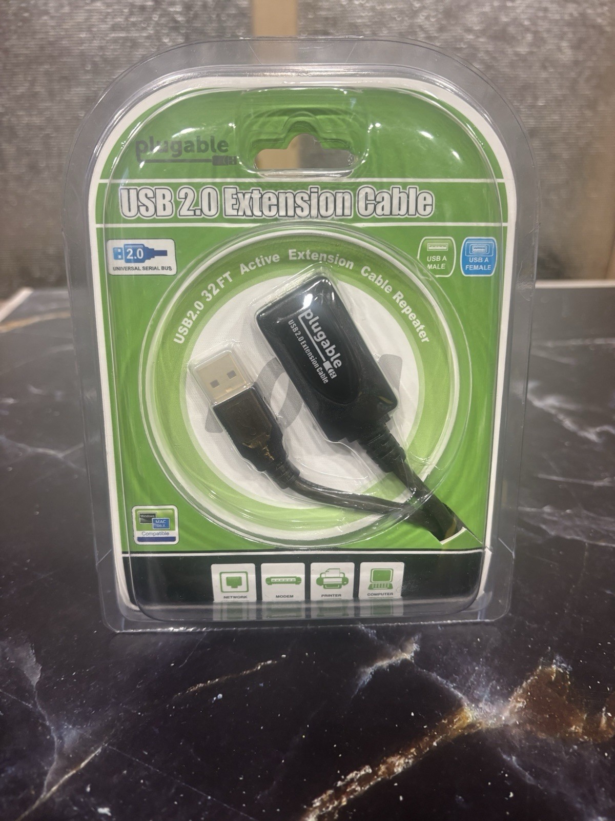 Plugable 10 Meter (32ft) USB 2.0 Active Extension Cable Type A Male to A Female.