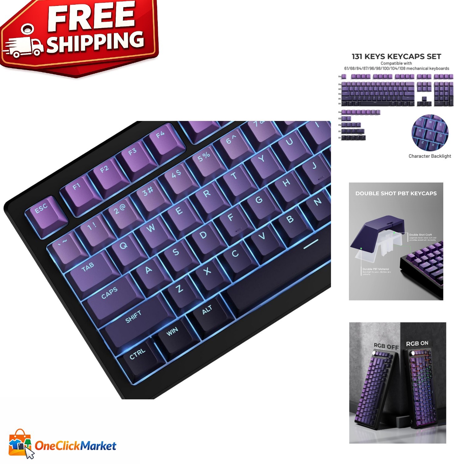 Shine Through Gradient Purple Keycaps Set for 60/75/100% Mechanical Keyboards