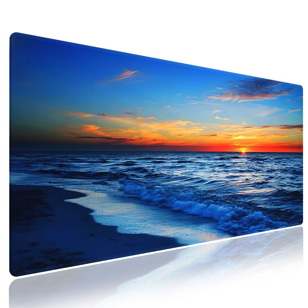 Wknoon Extra Large Gaming Mouse Pad Sunset Glow Blue Ocean Wave Stitched