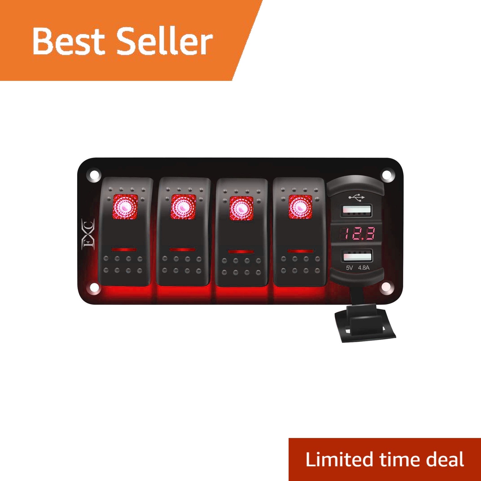 FXC 4 Gang Red Rocker Switch Panel USB Voltmeter