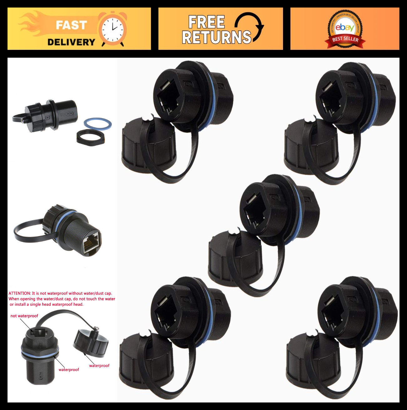 5PCS Waterproof CAT6 Ethernet Connector, Shielded Panel Mount RJ45, Network Cabl