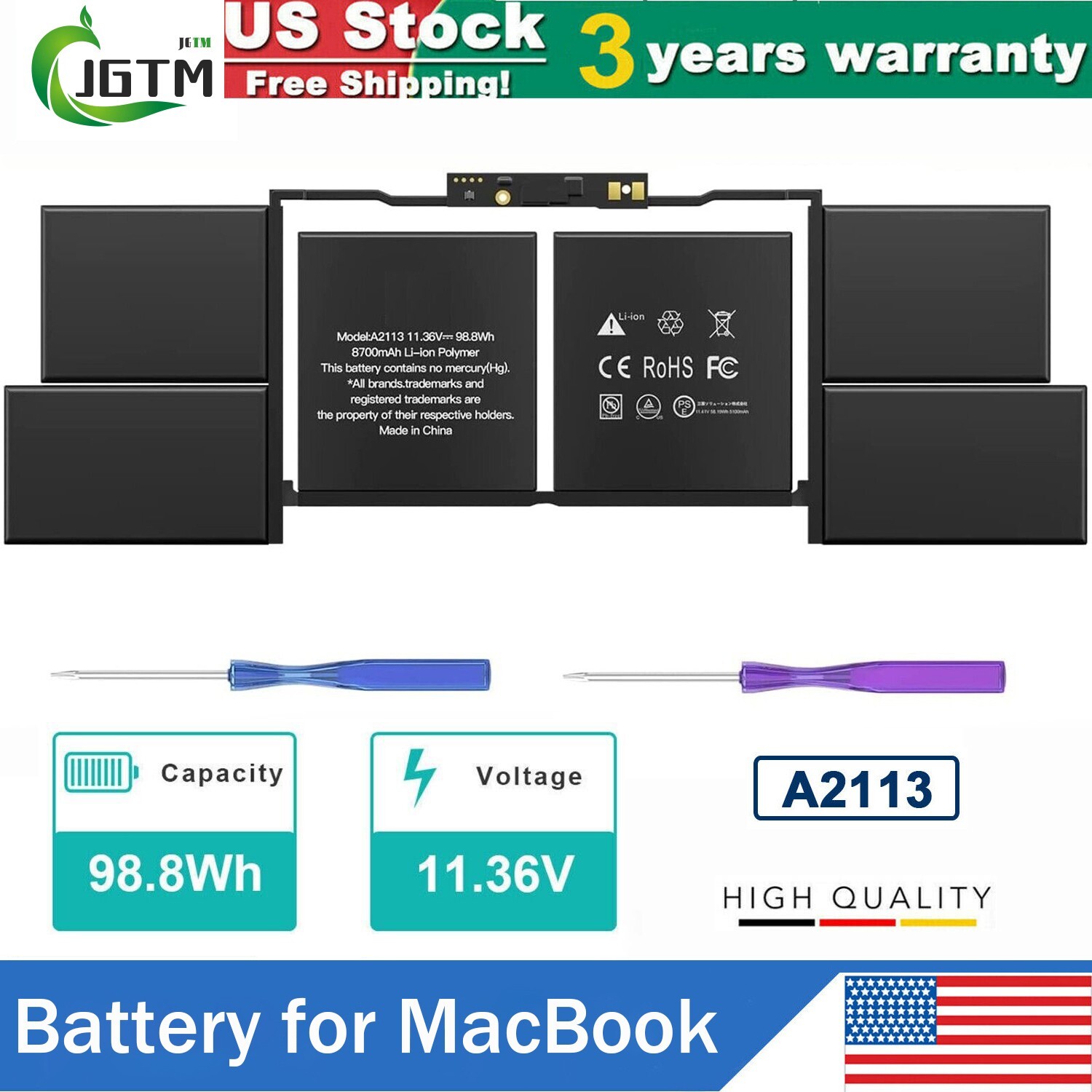 A2113 Battery for MacBook Pro Retina 16" Model A2141 2019 Year MVVL2LL/A 98.8Wh