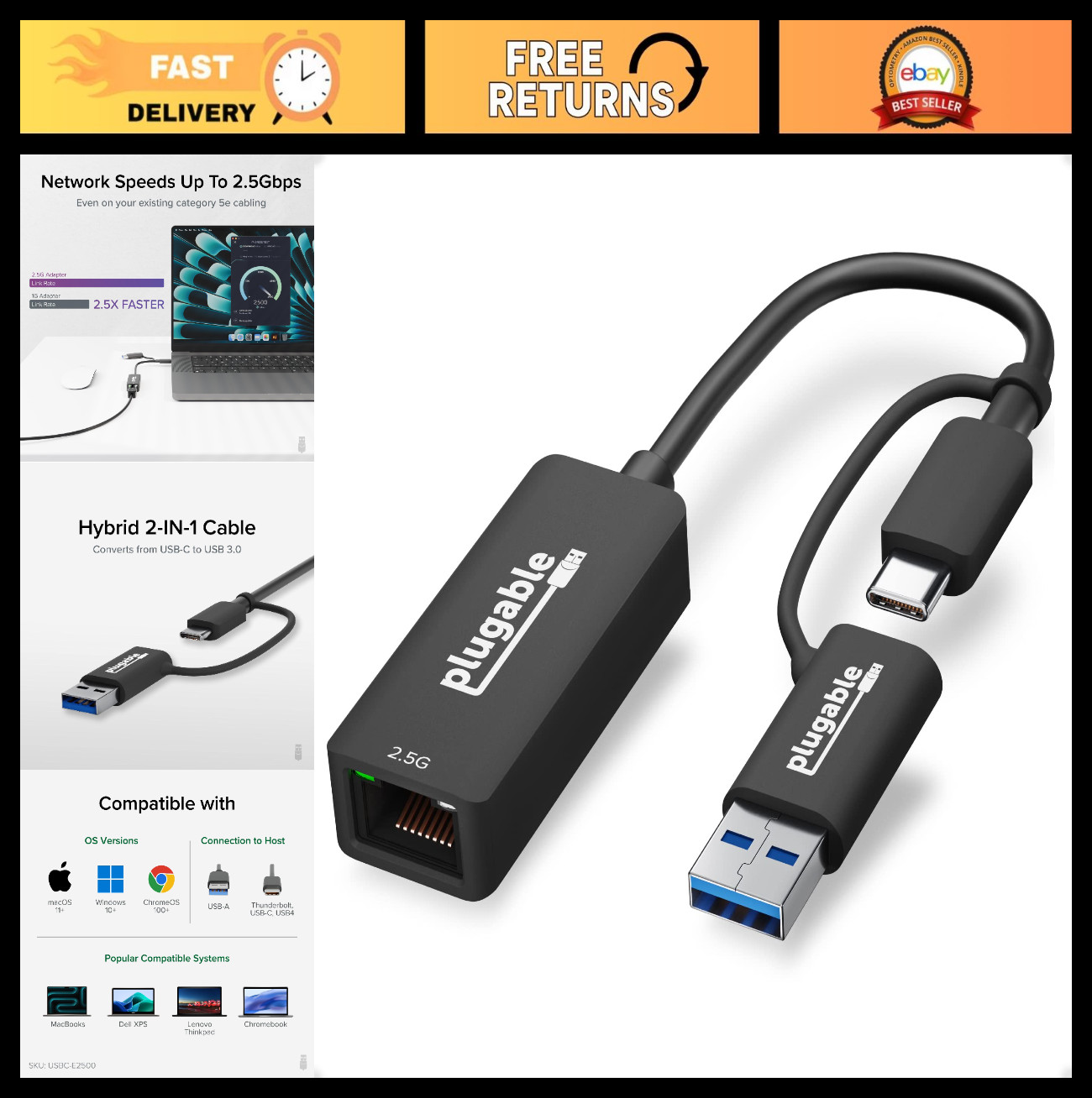 2.5G USB-C Ethernet Adapter - Dual Connector RJ45 2-in-1 LAN, Thunderbolt 4/5, U