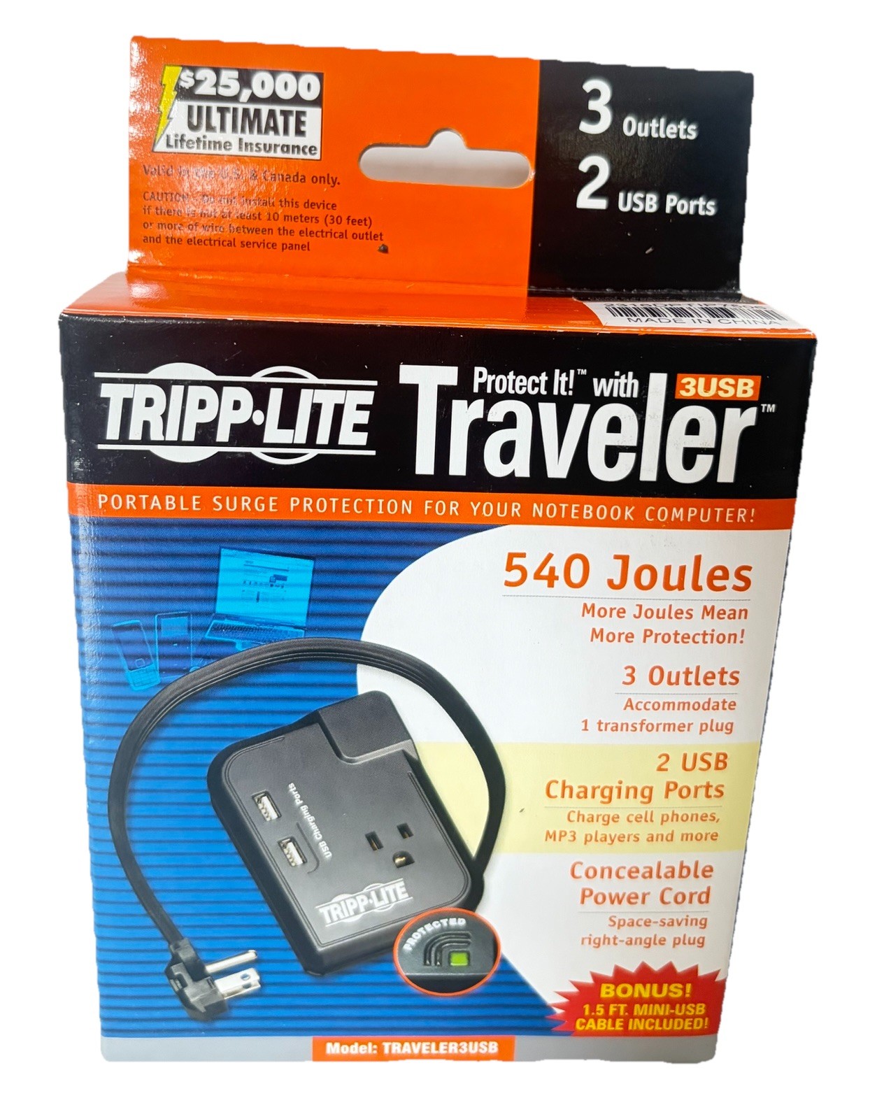 TRIPP LITE TRAVELER3USB Datacom Surge Protector,3 Outlet,Blk 33L730 NEW