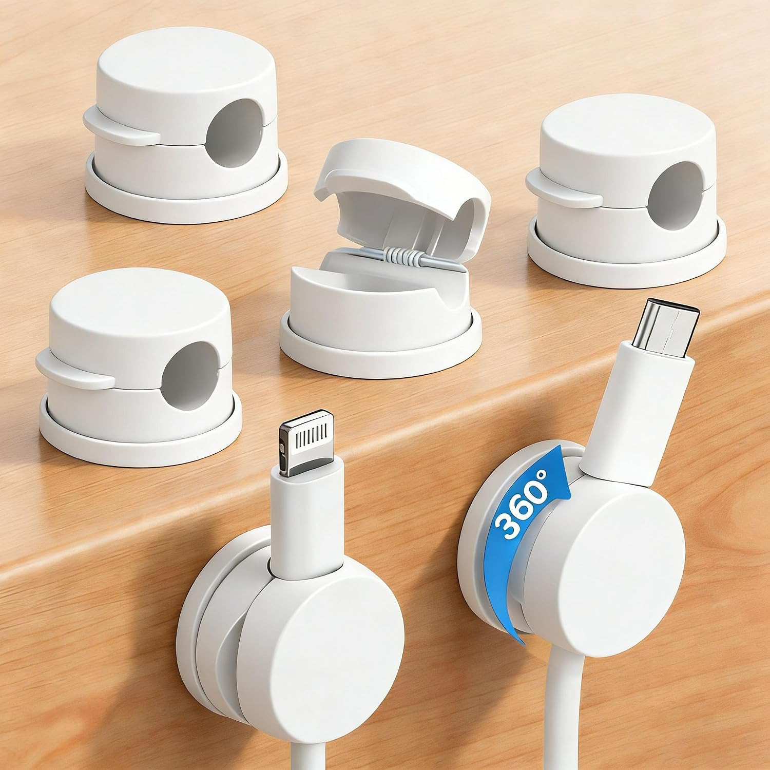 6PC 360° Rotatable Spring Cable Management, Cord Organizer Holder for Desk