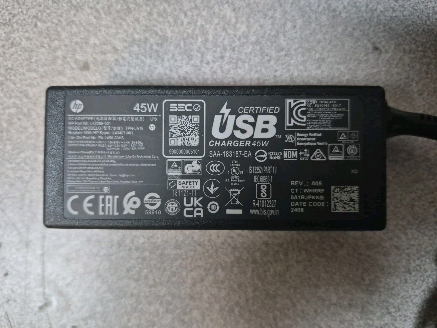 HP USB-C 15V 3A 45W Genuine Original AC Power Adapter Charger