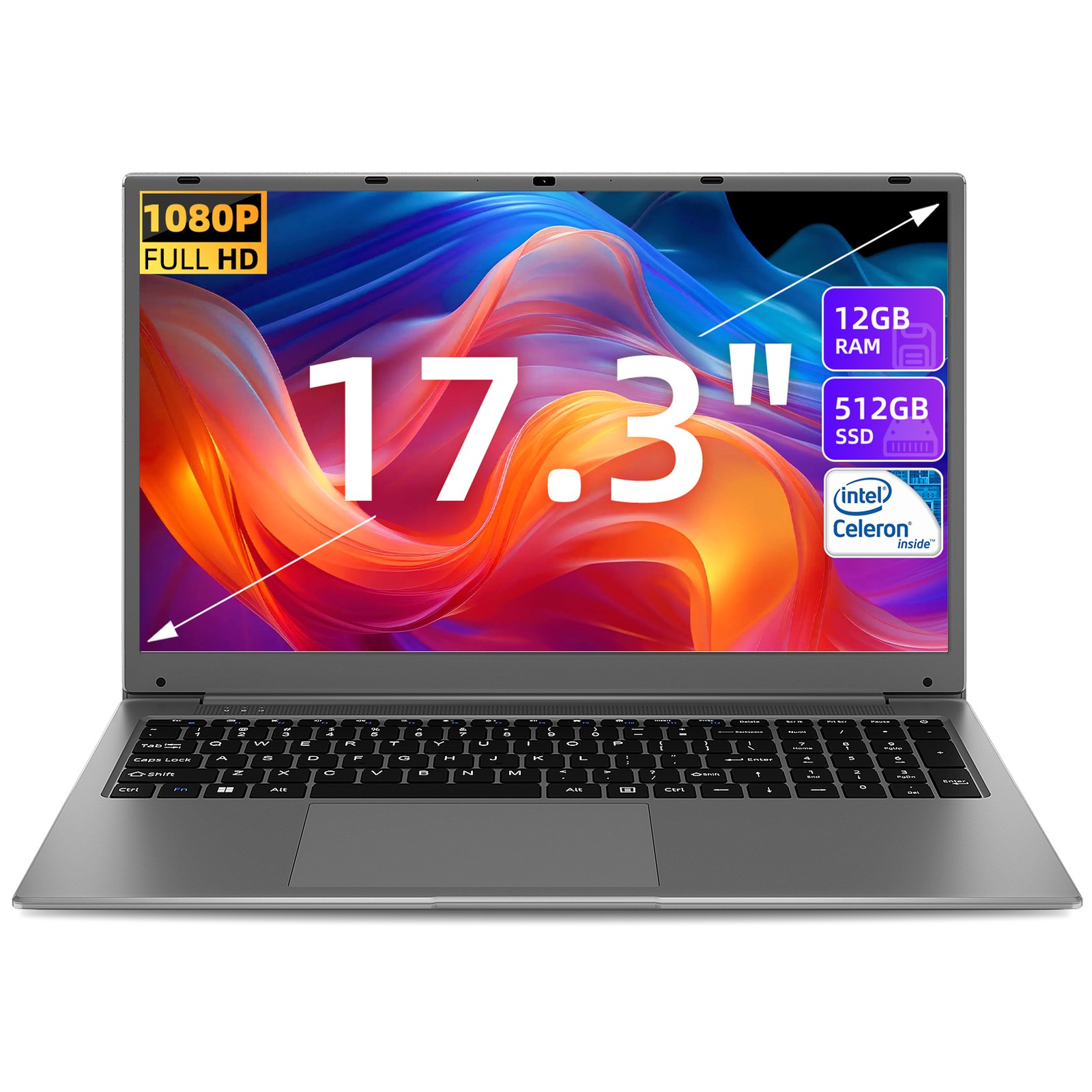 SGIN 17.3" FHD Laptop 512GB SSD 12GB RAM Notebook-Intel N5095 Up to 2.9GHz WiFi