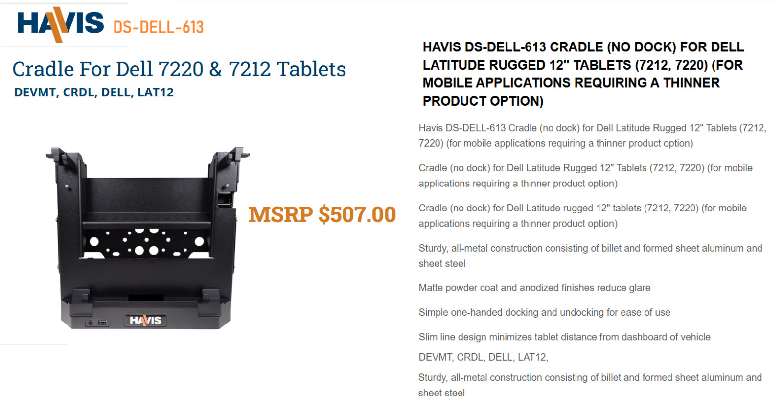 Havis DS-DELL-613 Cradle (NO DOCK) Dell Latitude Rugged 12" Tablets (7212, 7220)