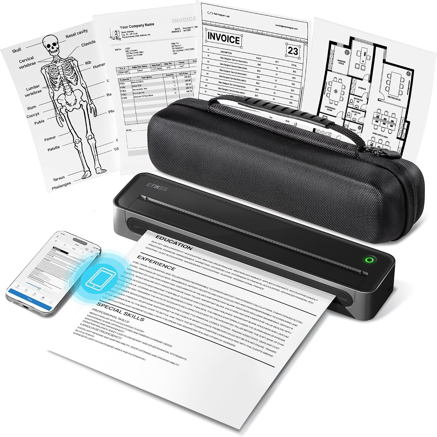 D90E Inkless Portable Thermal Printer with Case – 8.5" X 11", Black