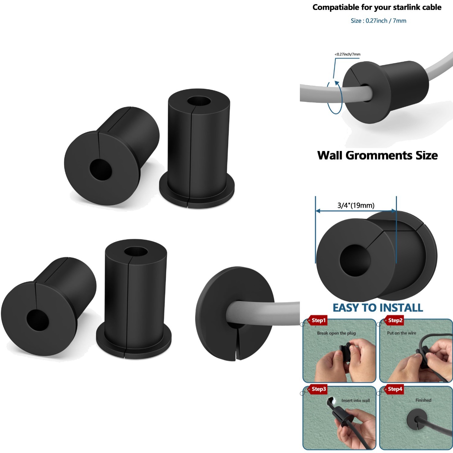 4PCS 3/4" Starlink Wall Cable Pass Through Bushing Grommets Silicone Routing Kit