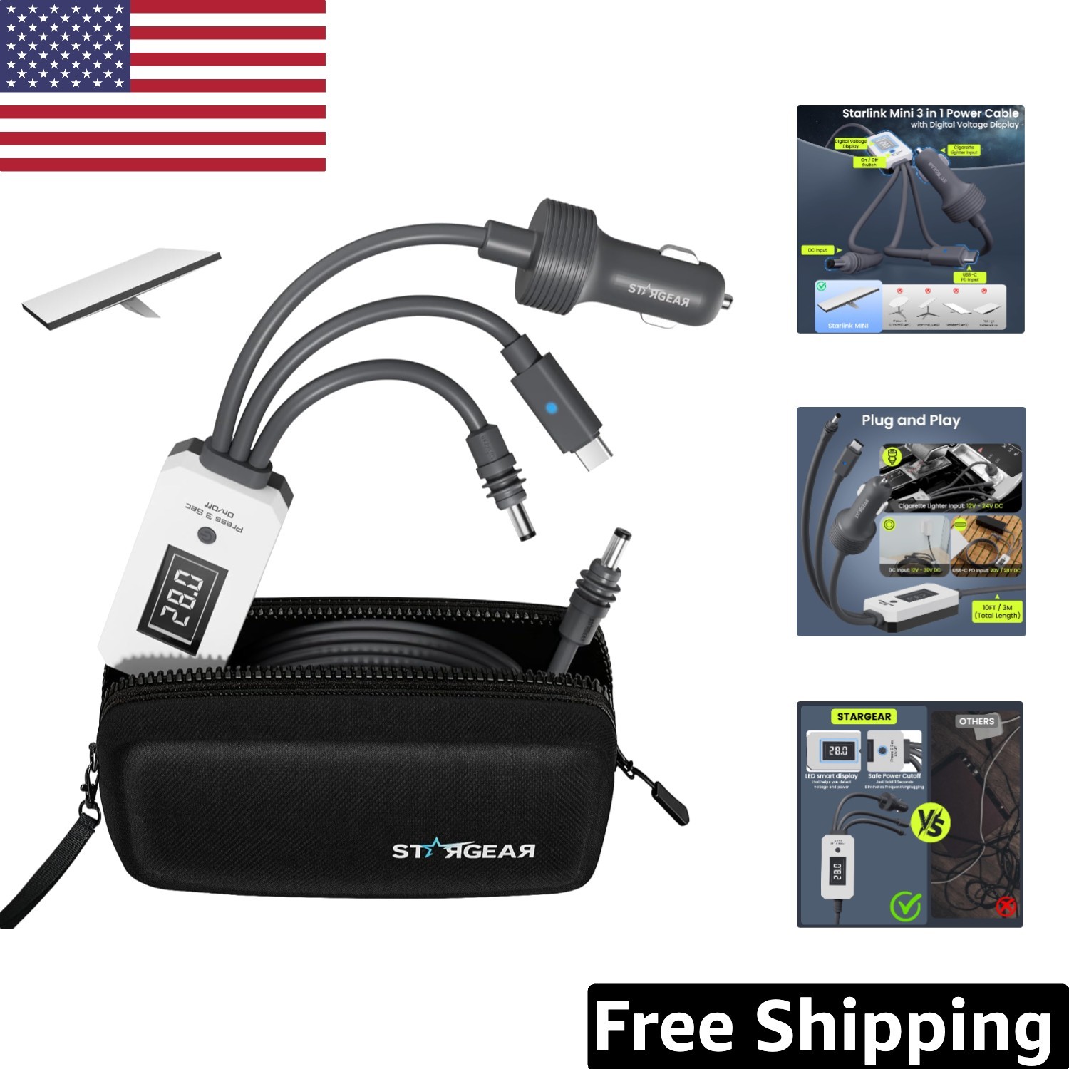 Versatile 3-in-1 Starlink Mini Power Cable 10FT with Digital Voltage Display