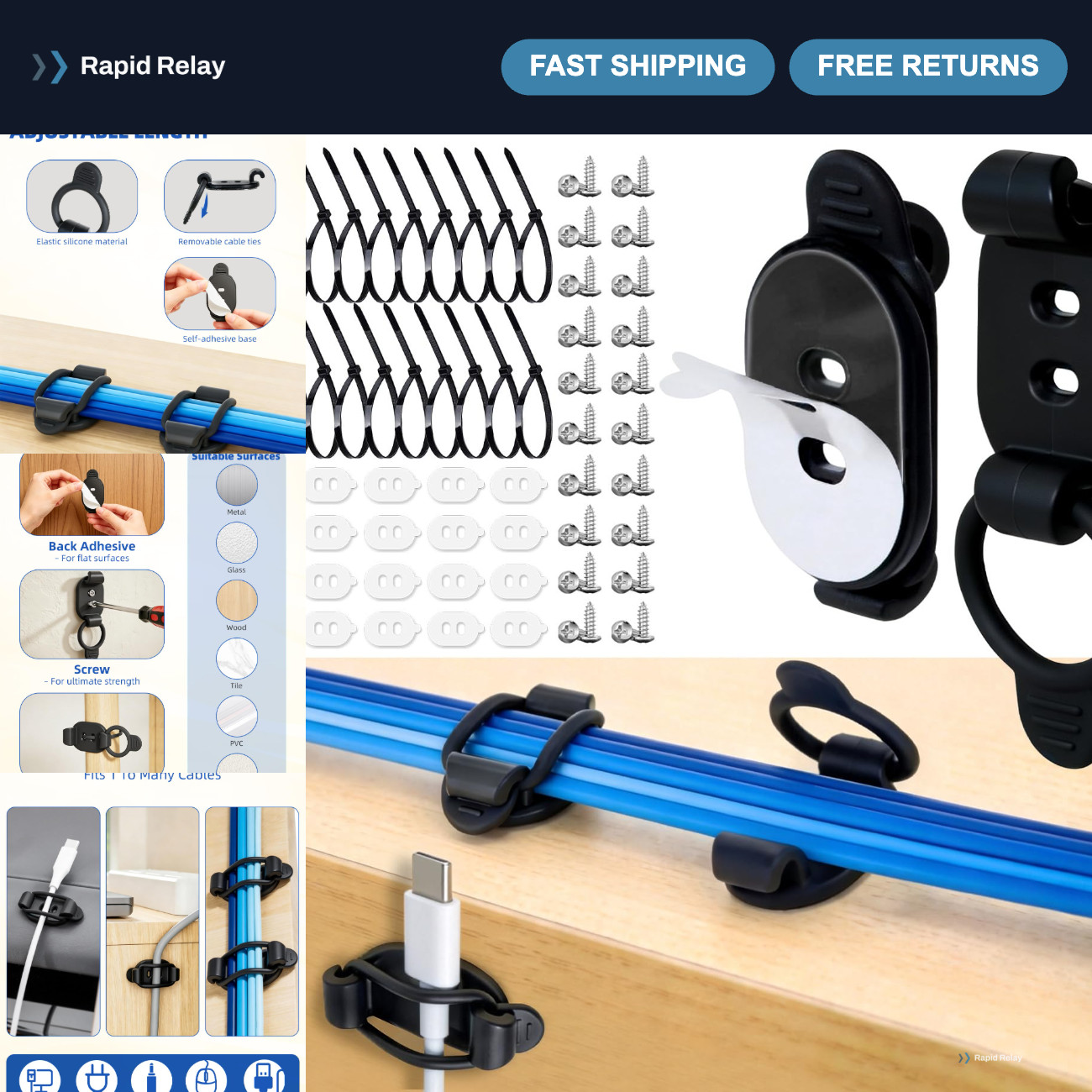 20 Pack Adjustable Black Adhesive Cable Clips for Effective Cable Management