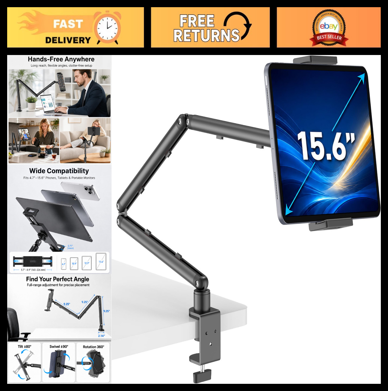Adjustable iPad Holder for Desk - Tablet Arm Mount with C-Clamp, Fits All Tablet