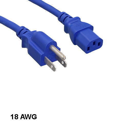 Kentek Blue 3' ft 18 AWG Color Power Cord NEMA 5-15P to IEC-60320 C13 10A/125V