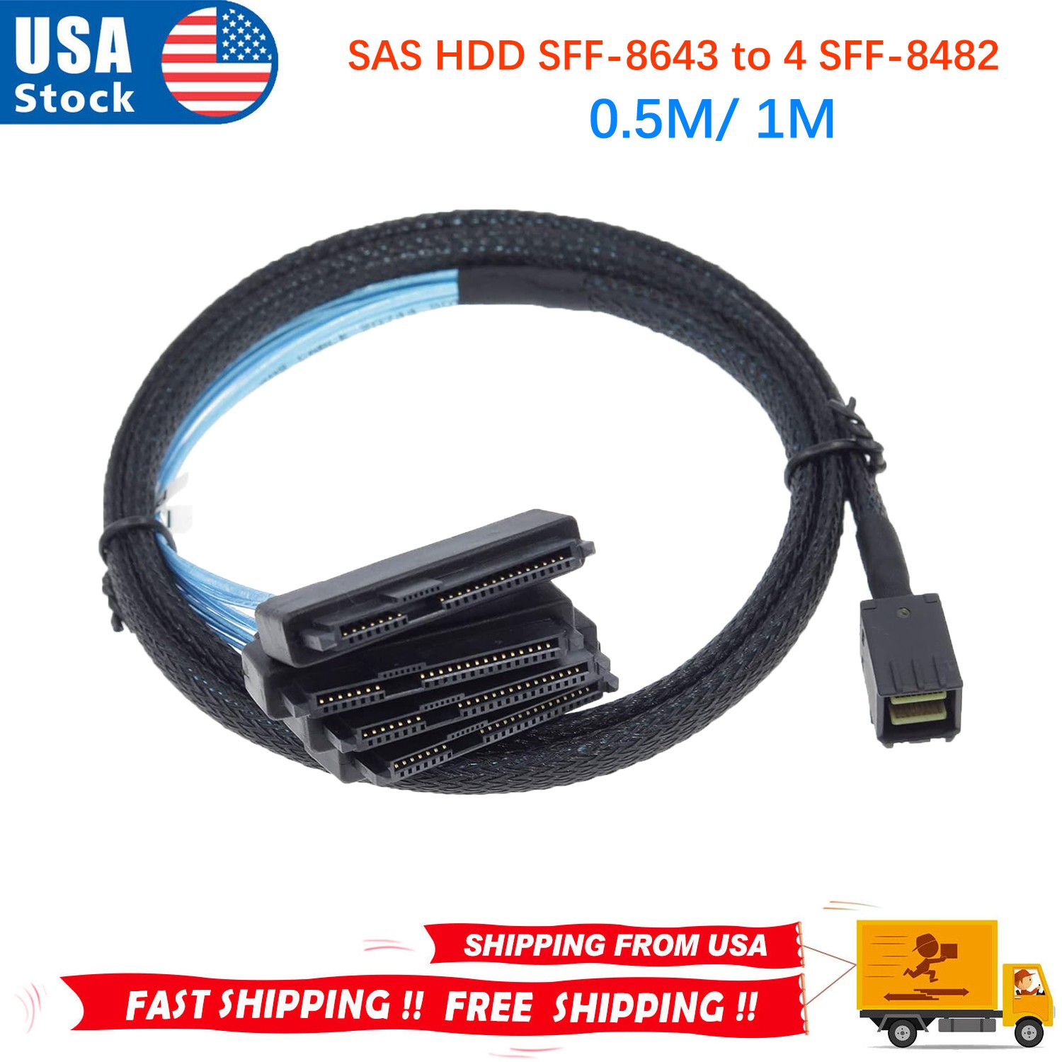 Mini SAS HDD SFF-8643 to 4 SFF-8482 Connector with Power Port Hard Drive 0.5M 1M