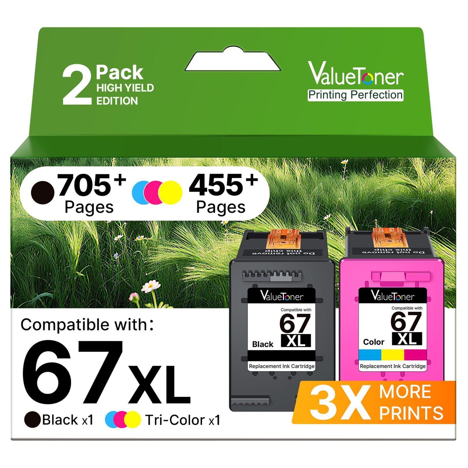 Valuetoner 67XL Ink Cartridges Black/Color Combo Pack 2-Pack
