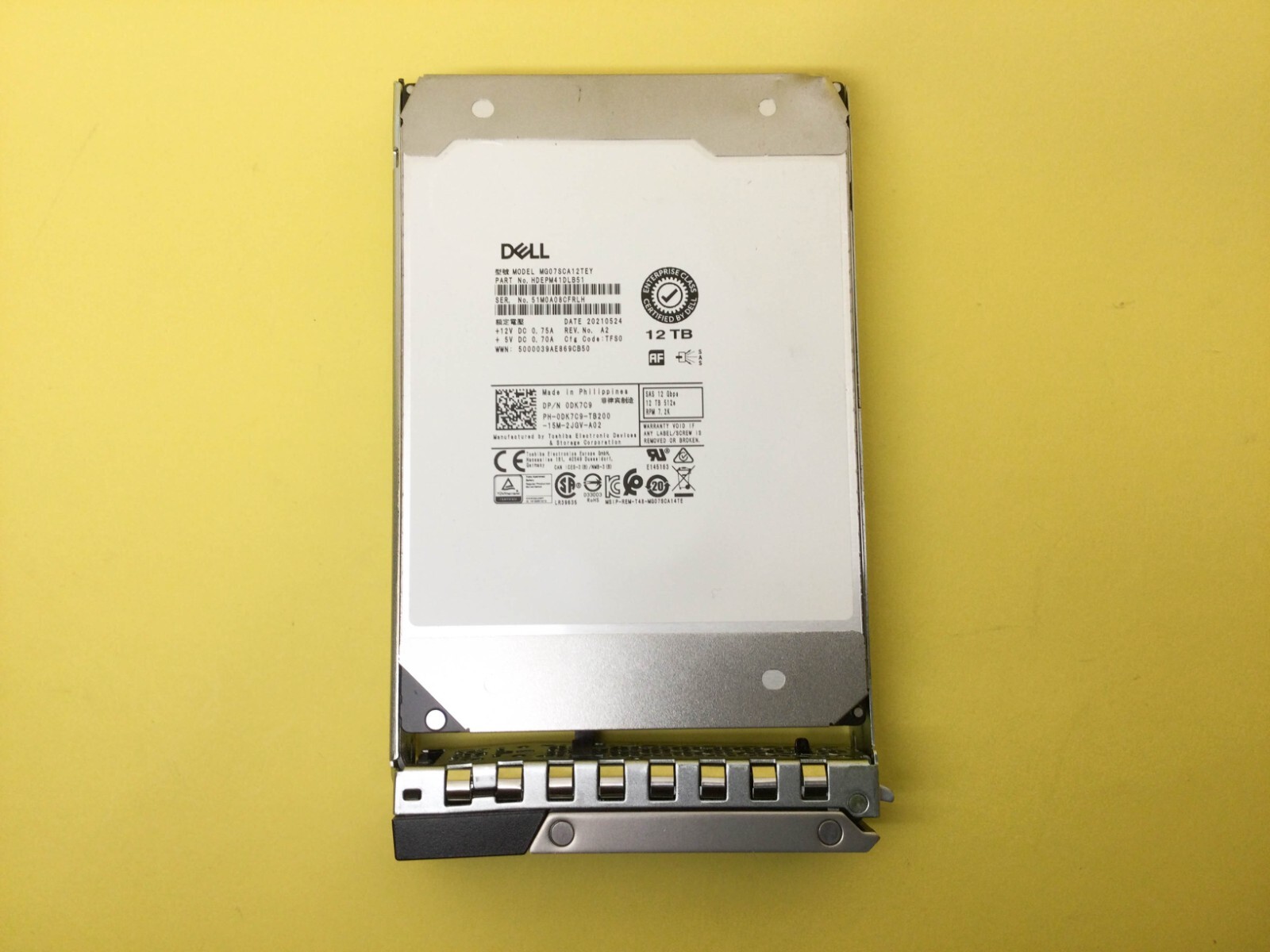 DK7C9 Dell 12TB 7.2K 12Gbps NL SAS 3.5'' 512e HDD MG07SCA12TEY 0DK7C9