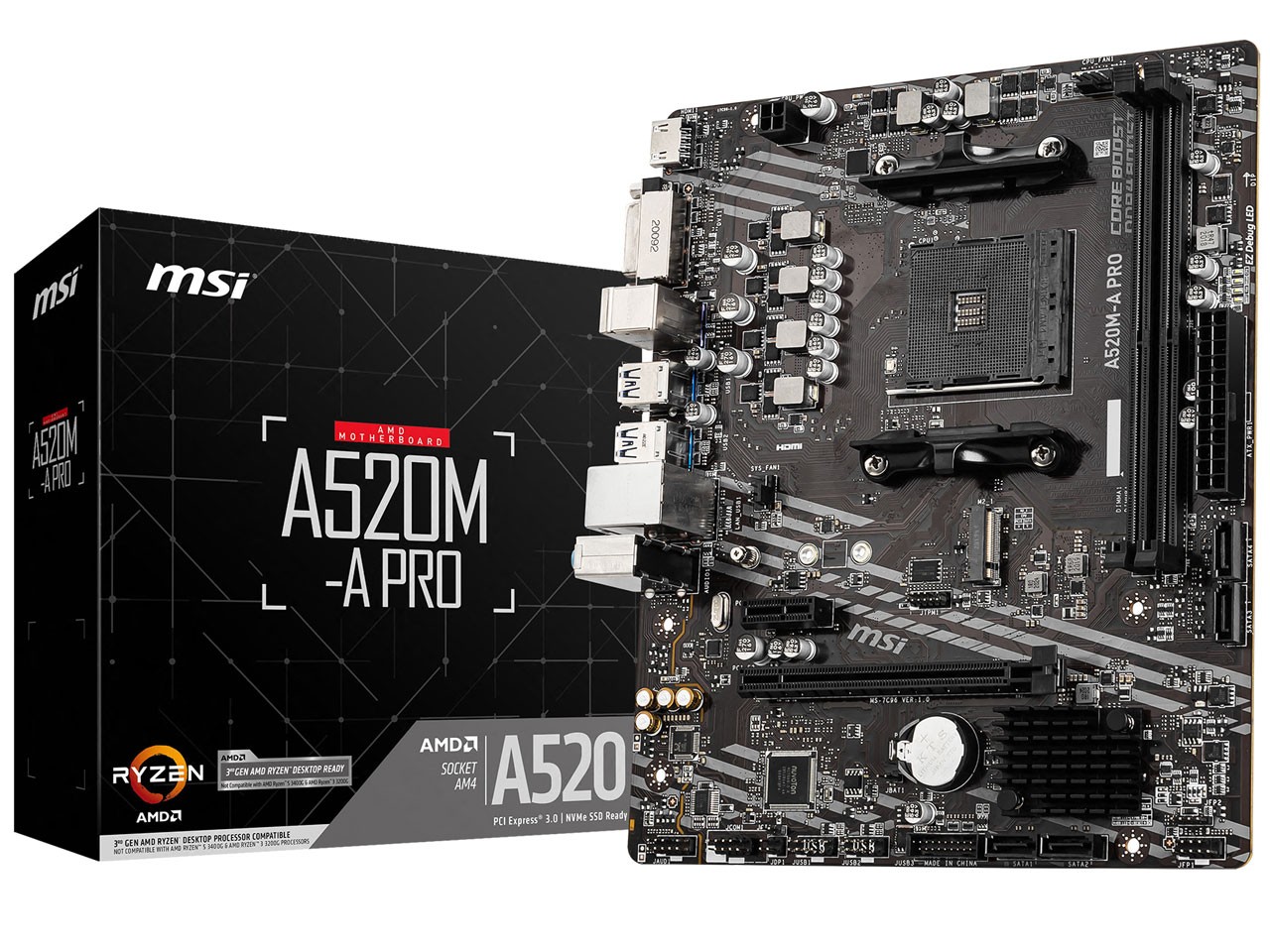 MSI A520M-A PRO AM4 Micro-ATX Motherboard AMD A520 Chipset, USB 3.2 Gen1