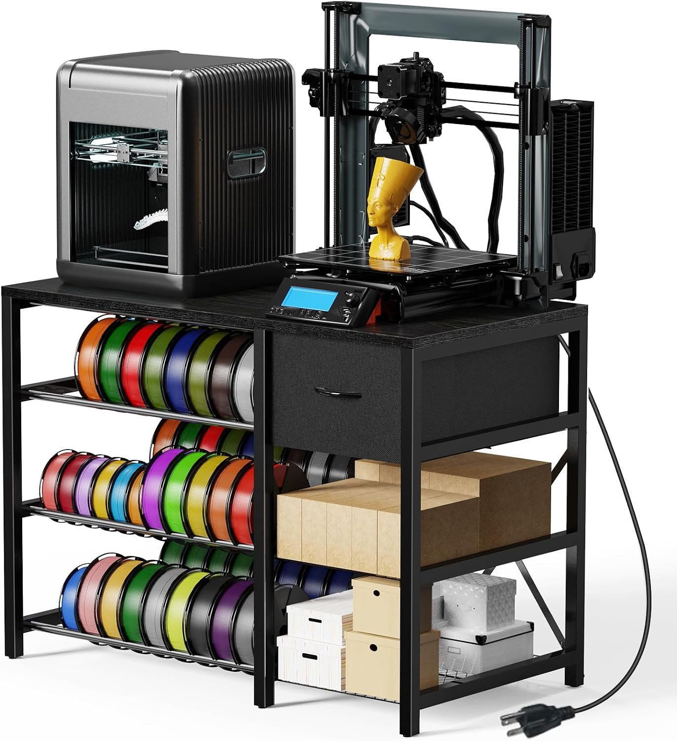 3D Printer Stand with Filament Storage Rack, Black 3D Printer Table with Power O