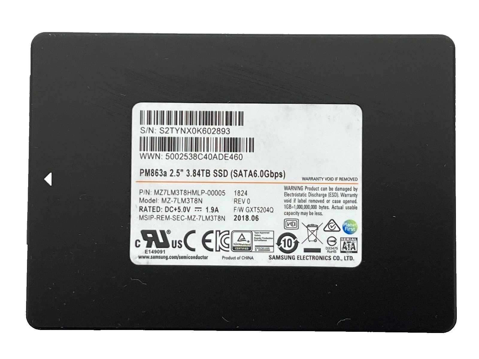 MZ-7LM3T8N Samsung PM863a 3.84TB SATA 2.5in SSD MZ7LM3T8HMLP %98 health