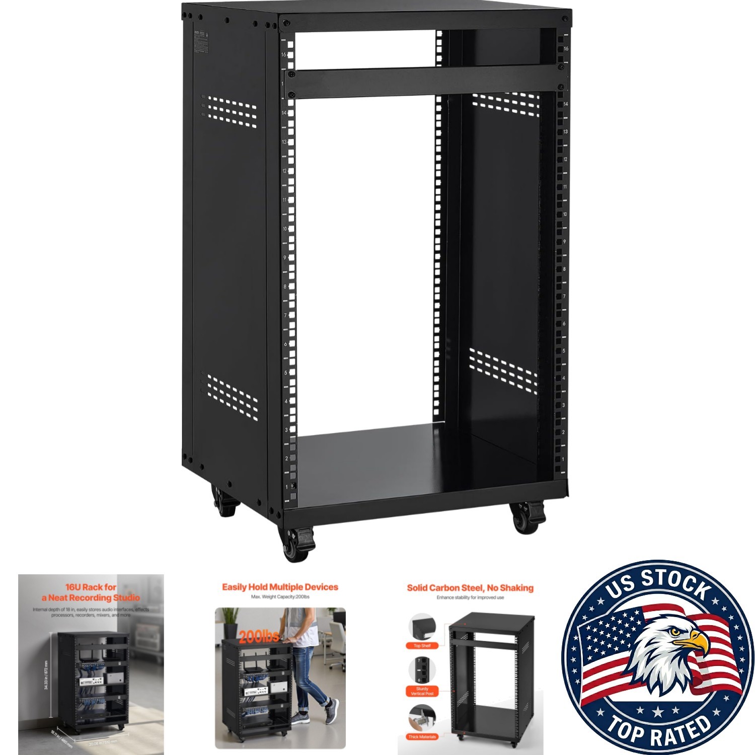 16U AV Rack - Open Frame Recording Studio with Locking Wheels & Vent Design