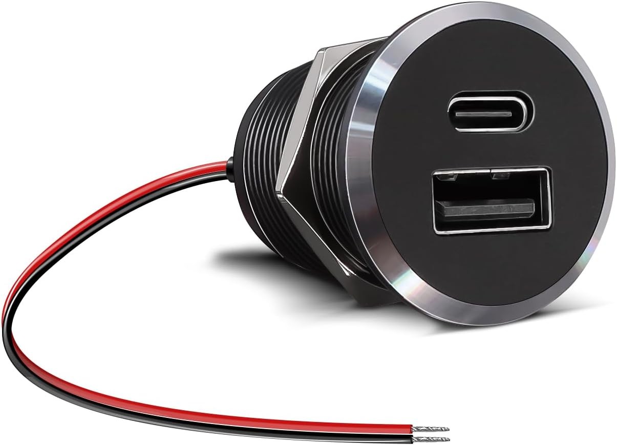 12V USB Outlet All-Aluminum QC 3.0 USB-A & USB-C PD3.0 Dual High-Speed Charger S