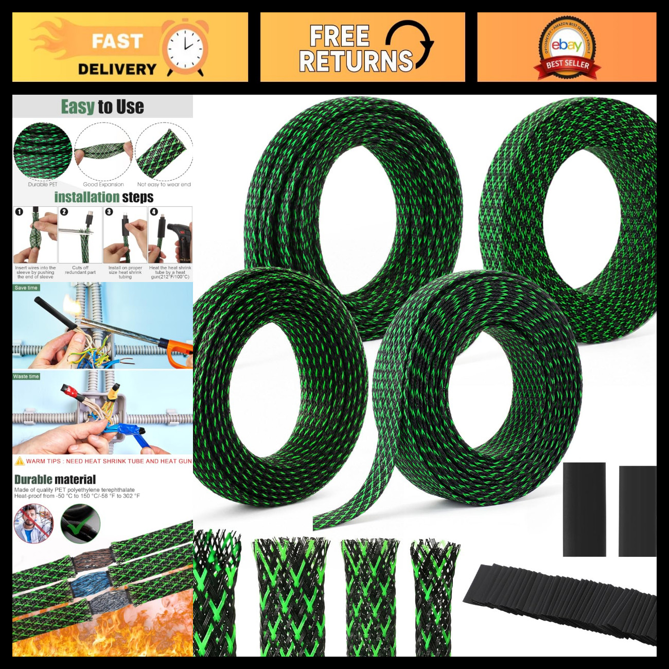 151 ft Expandable Braided Cable Sleeve Wire Sheathing - Green & Black, Durable P
