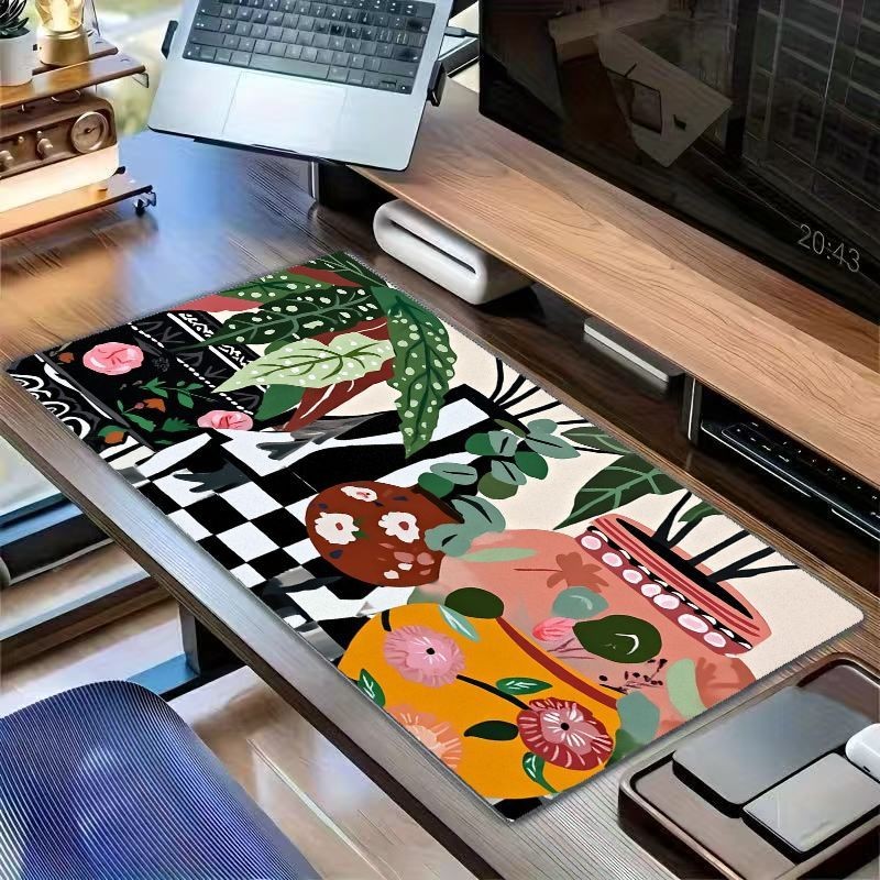 Colorful Plant and Floral Pattern Desk Mat, Featuring a Unique Black and White