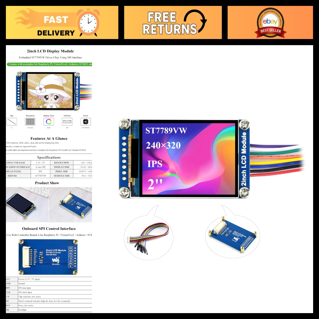 Mini 2" LCD Screen Module, 240x320 IPS Display, High-Resolution Monitor