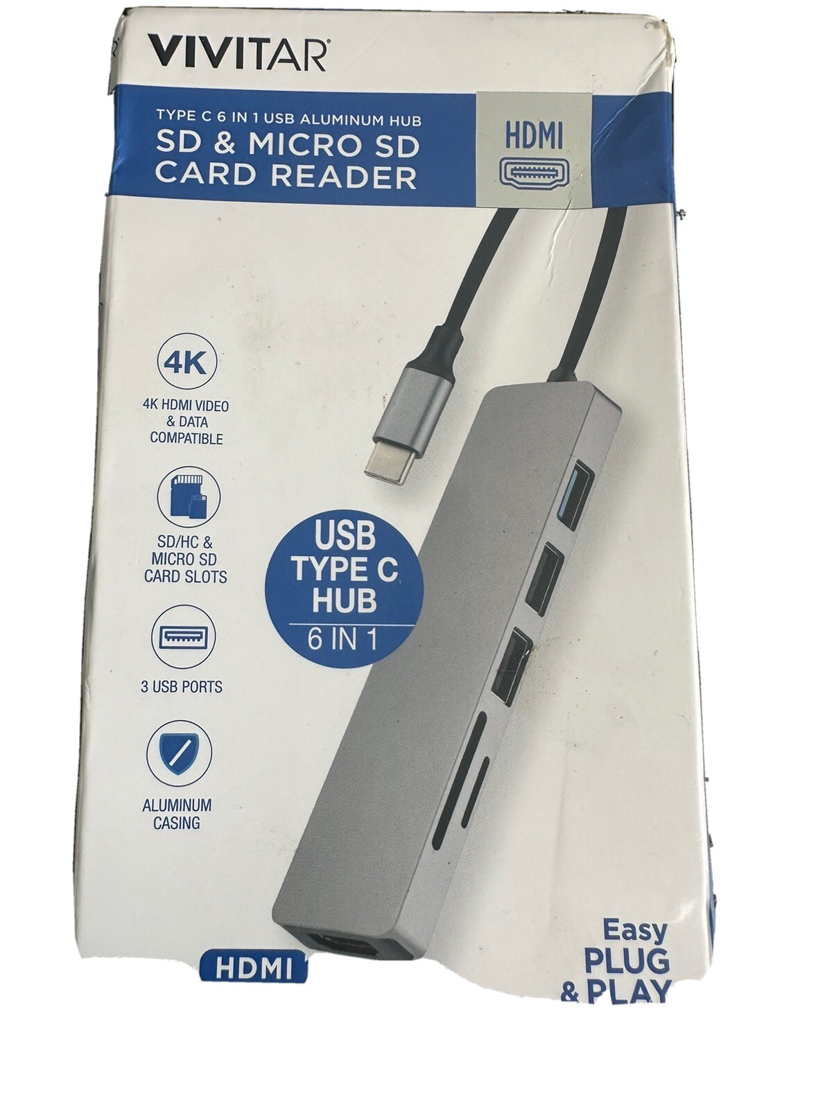 NEW Vivitar Aluminum USB Type C Hub 6 In 1 SD & Micro SD Card Reader Plug & Play