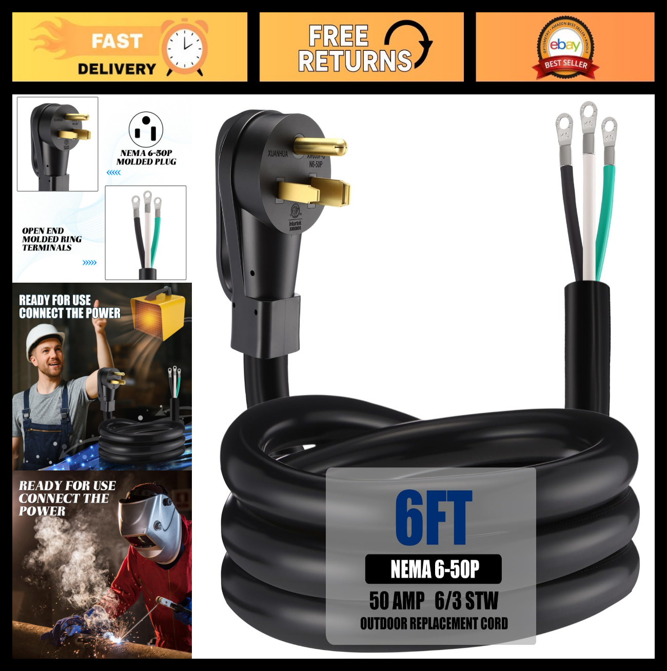 6.6FT 6AWG 3-Prong Power Cord for NEMA 6-50P 50A Welder, Dryer, Generator, ETL L