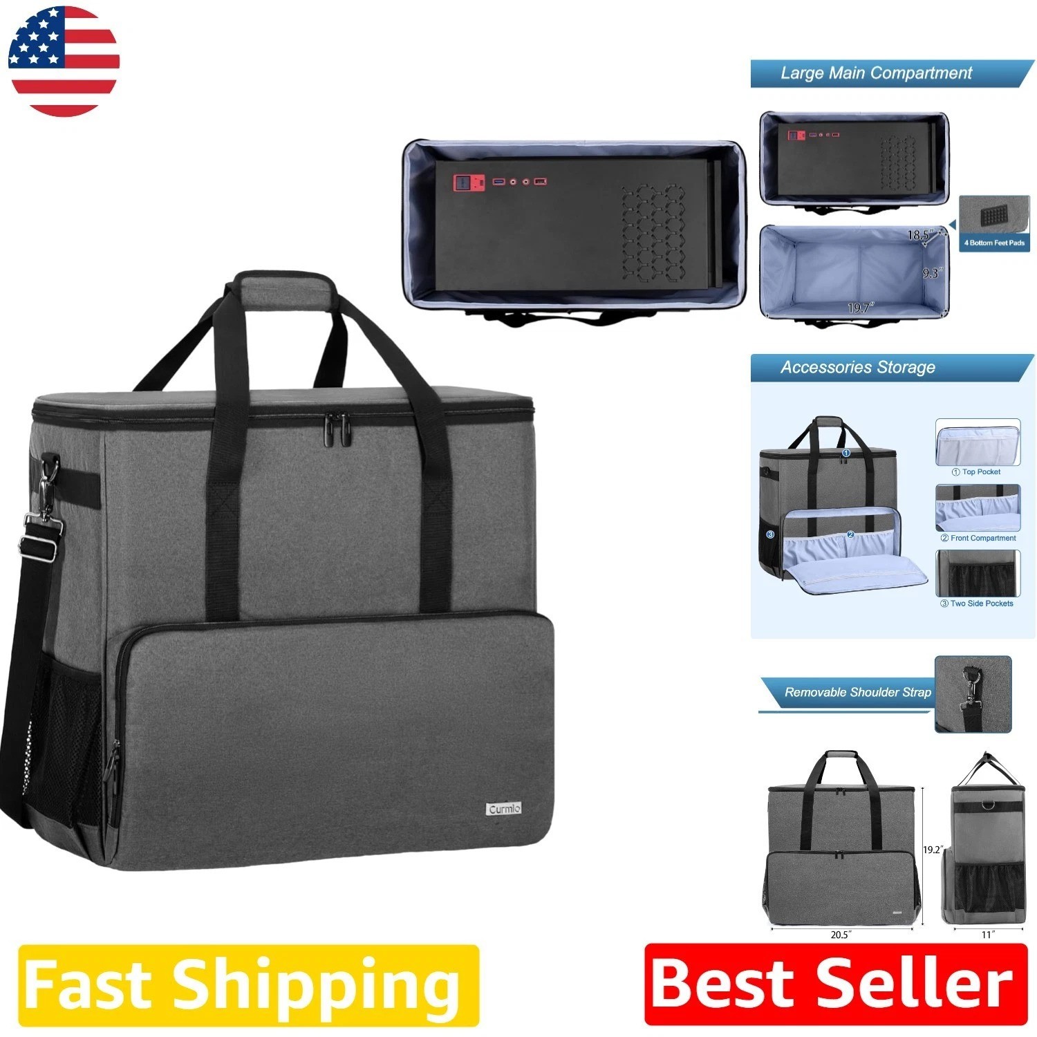 Gray Nylon PC Tower Travel Case - Padded, Water-Resistant, Organizer Pockets,...