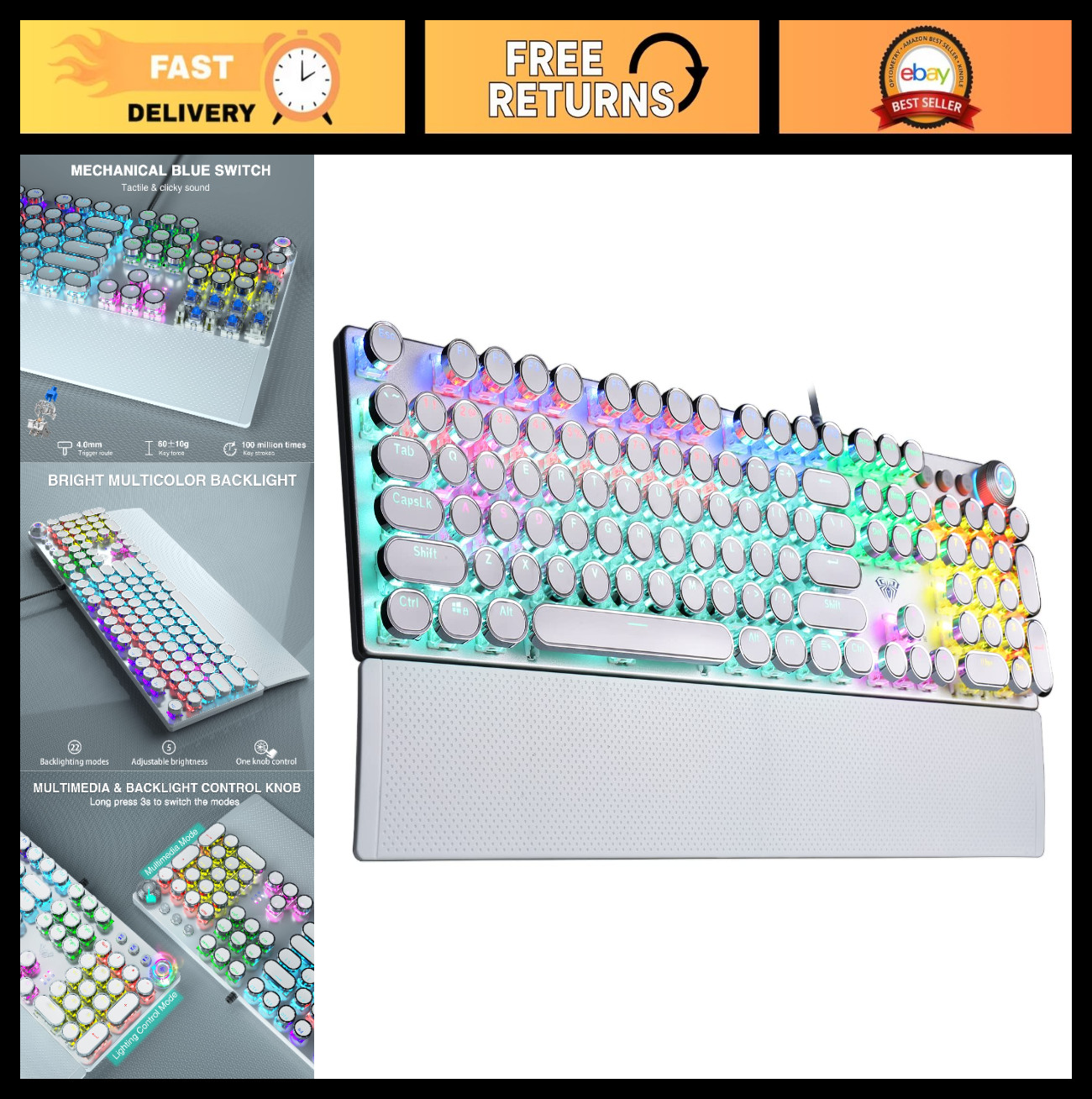 Retro Mechanical Keyboard, Wired Gaming Keyboard, Blue Switches, Rainbow Backlit