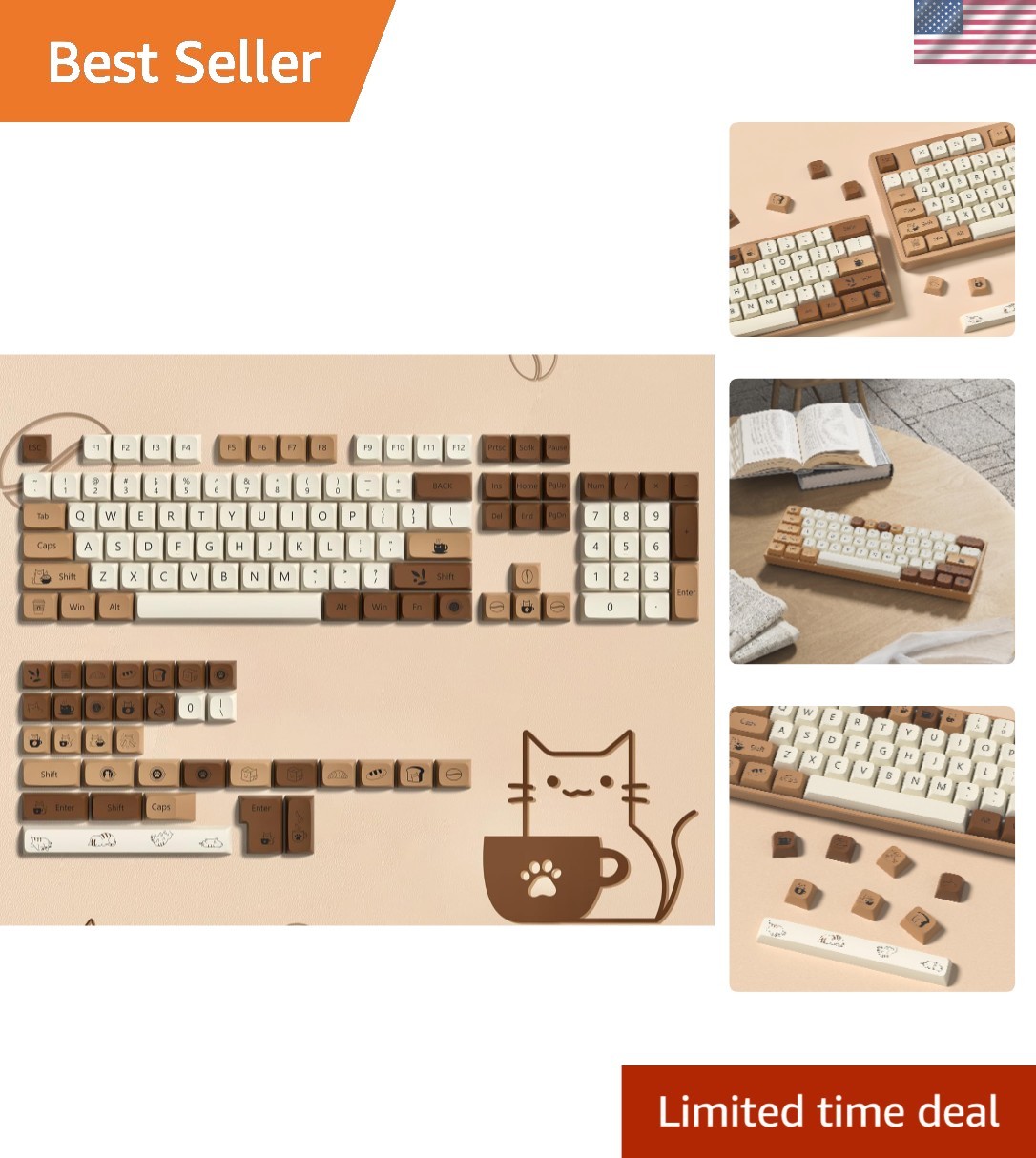 Personalize Your Keyboard with Cute Coffee Cat 140-Key Keycaps for Gamers