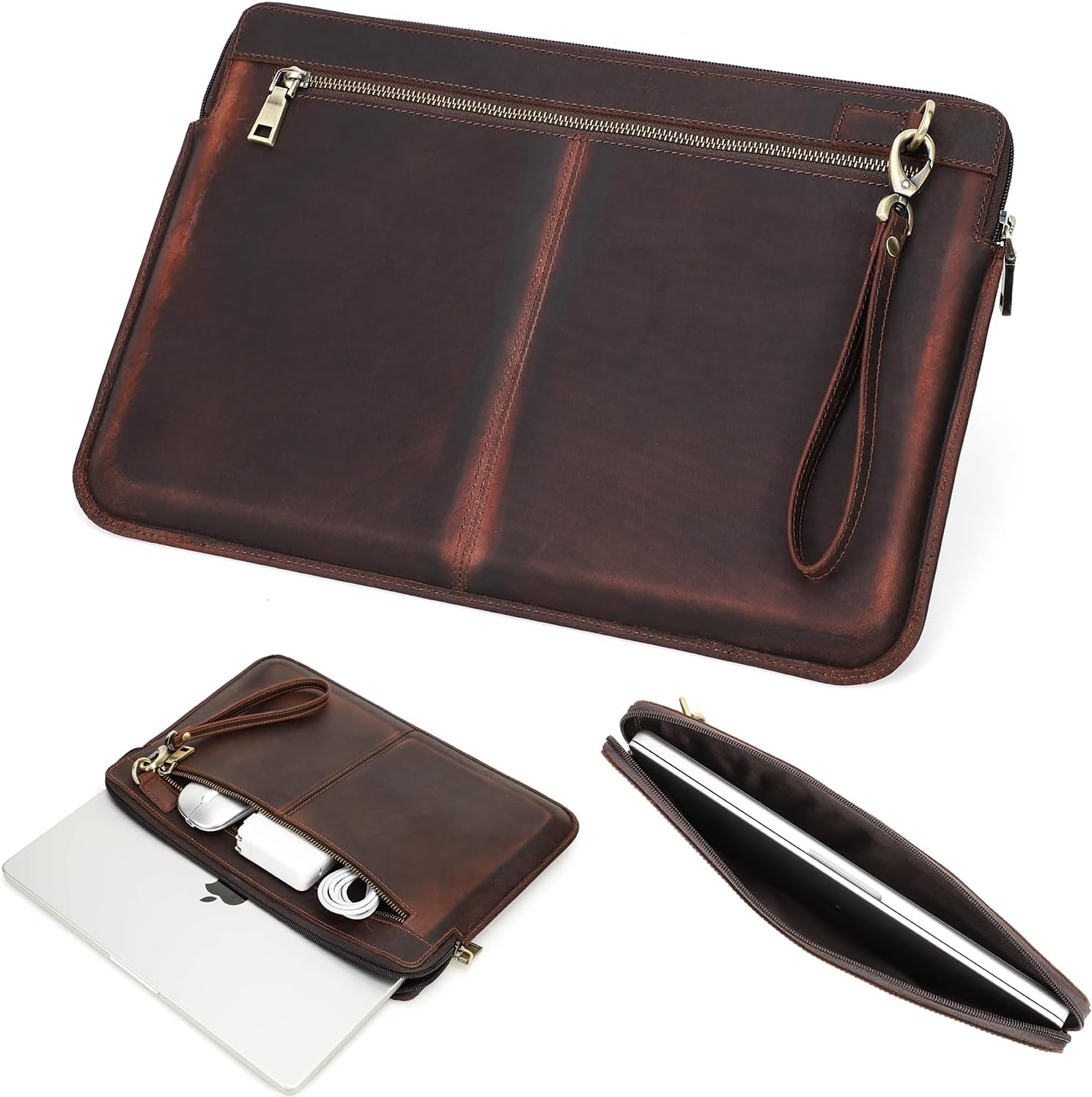 Top Grain Leather 15.4" Slim Laptop Sleeve Case Bag, Vintage Design with 2 Zip P