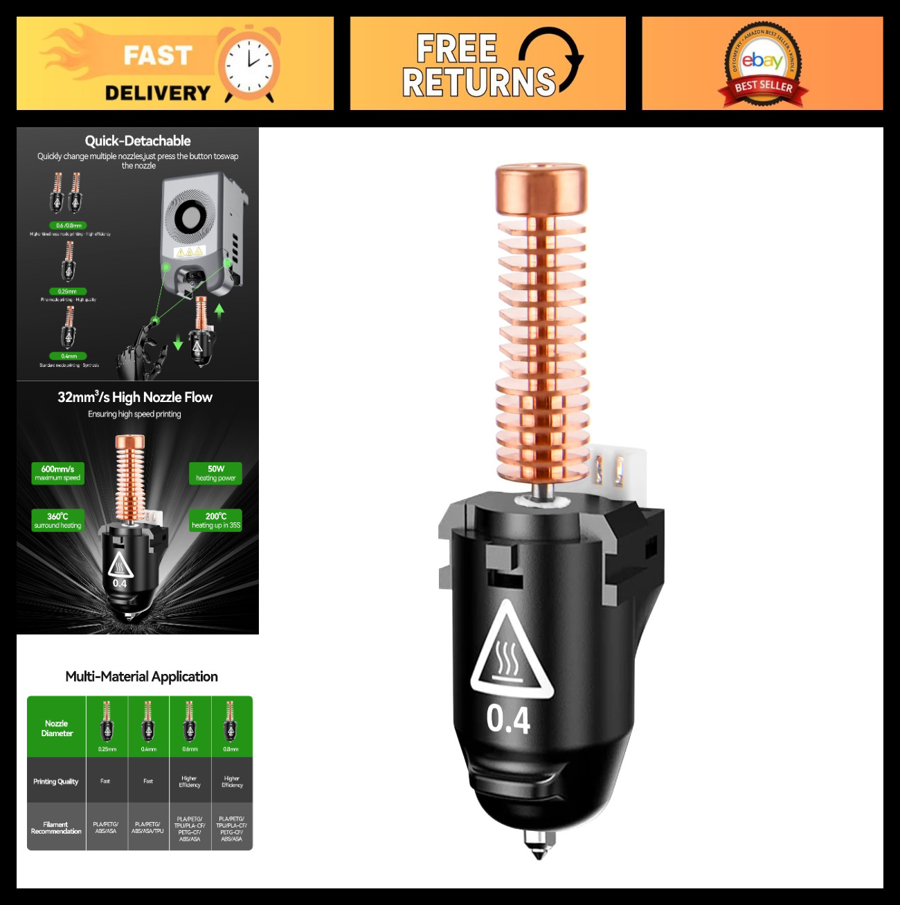 All Metal Hotend 0.4MM Nozzle for 3D Printers | High Flow, Max 280℃, Fast Printi