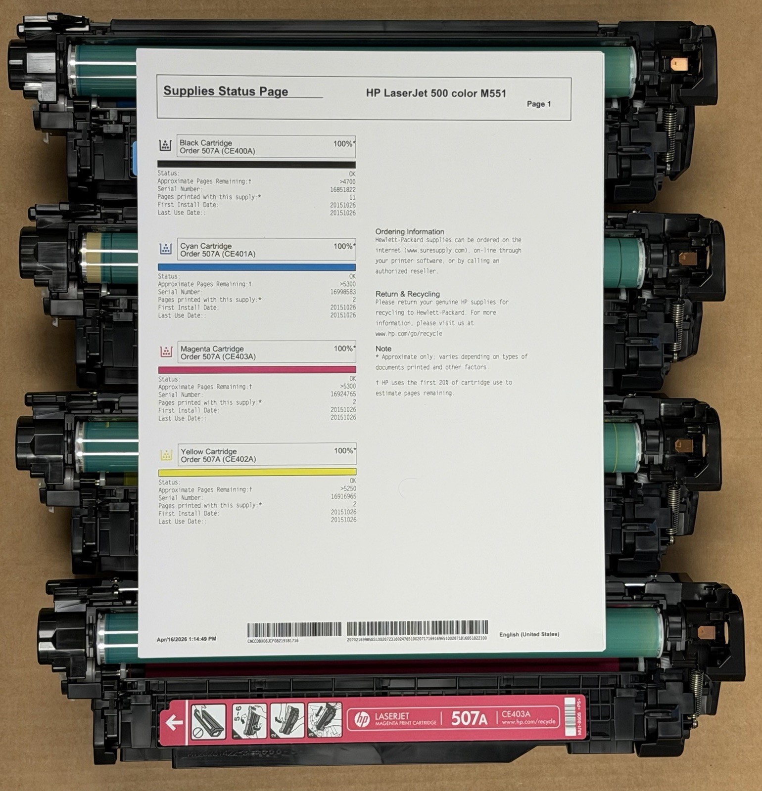 HP 507A Black Cyan Magenta Yellow Toner Set Genuine New Pulled 💯% Full