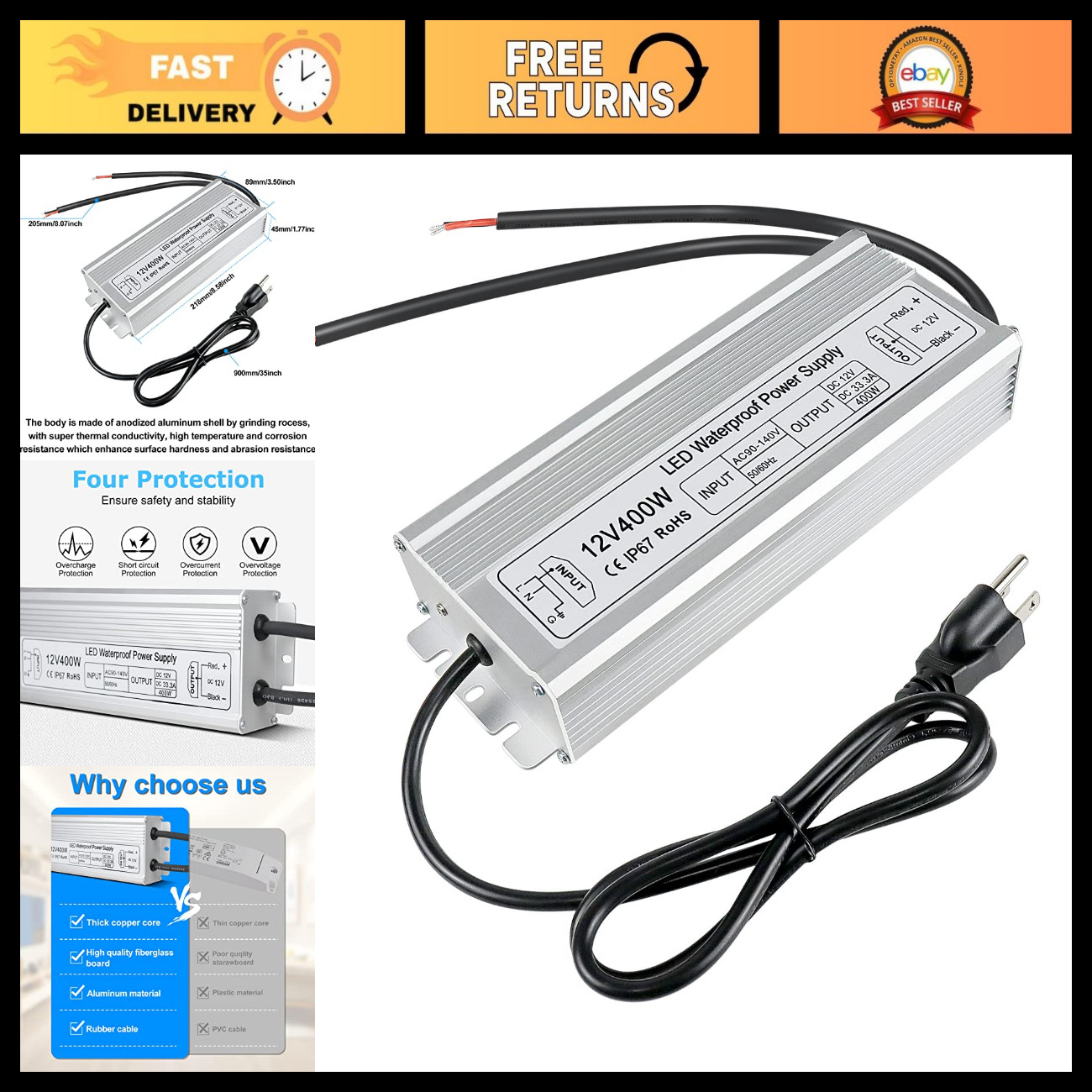 400W 12V Waterproof LED Power Supply, AC to DC Converter, 33.3A Low Voltage Tran