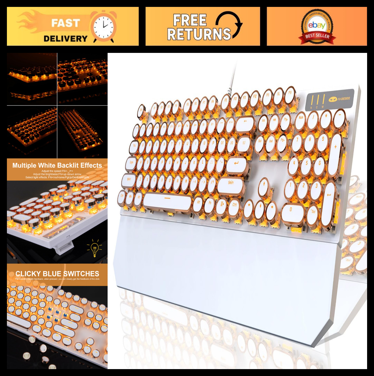 Retro Typewriter Mechanical Keyboard - Gold LED Backlit, Cute Wired 104 Keys, Ro