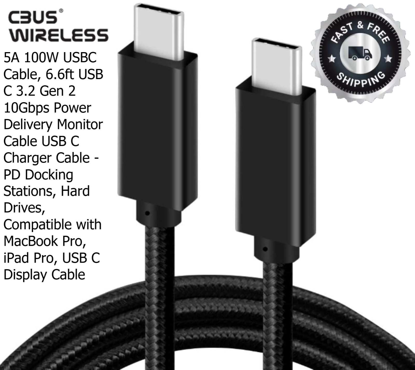 5A 100W USBC Cable 6.6ft USB C 3.2 Gen 2 10Gbps Power Delivery Charger