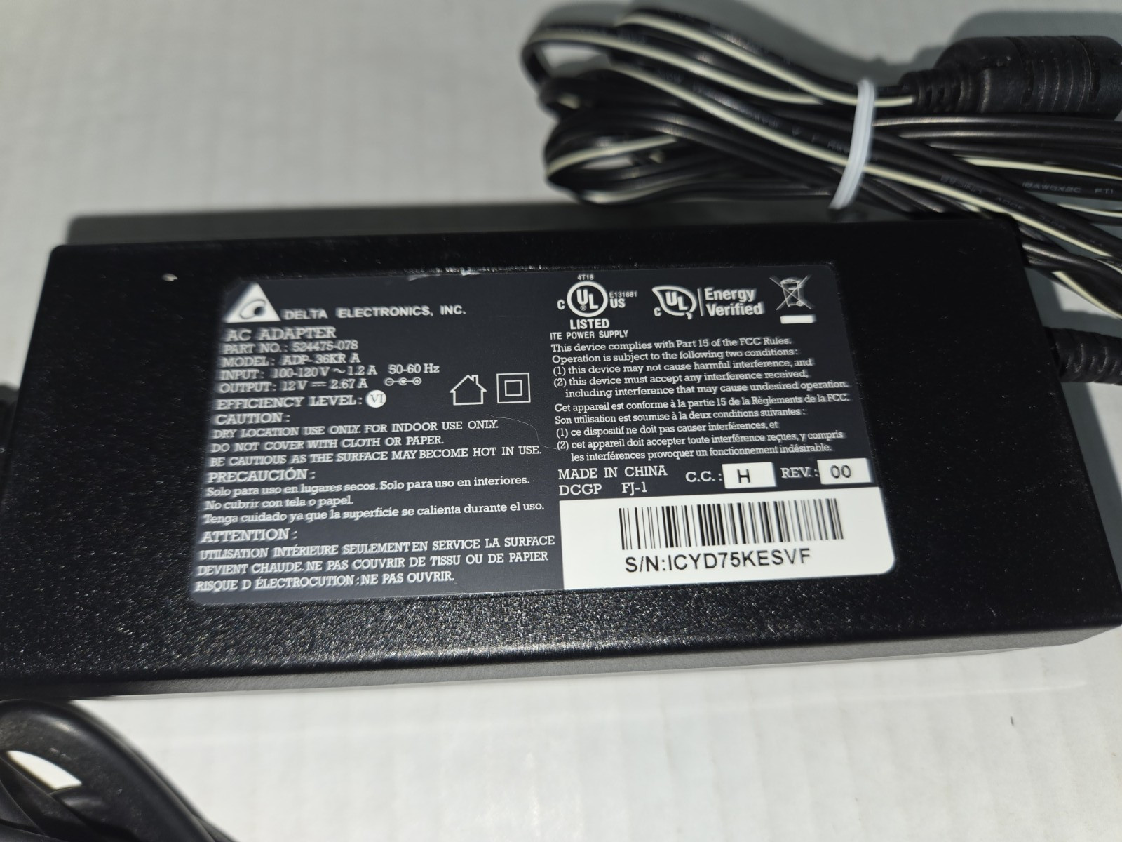 Delta Electronics EPS-3 ADP-36KR A AC/DC Adapter Power Supply, Black