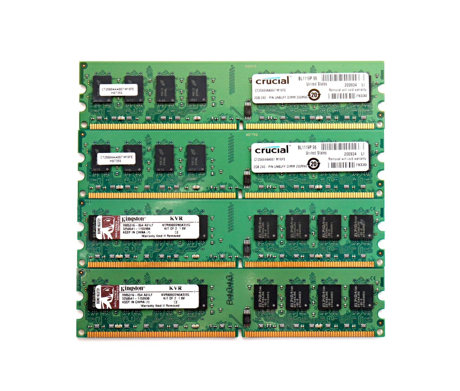 6GB Lot (4x) DDR2 Desktop RAM Crucial 2x 2GB 667MHz + Kingston 2x 1GB 800MHz UDI