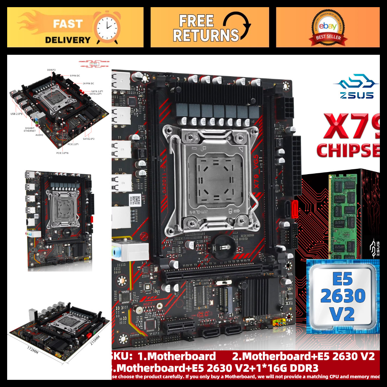 X79 Motherboard Kit with Intel Xeon E5 2630 V2 CPU, 16GB DDR3 ECC RAM, M.2 NVME