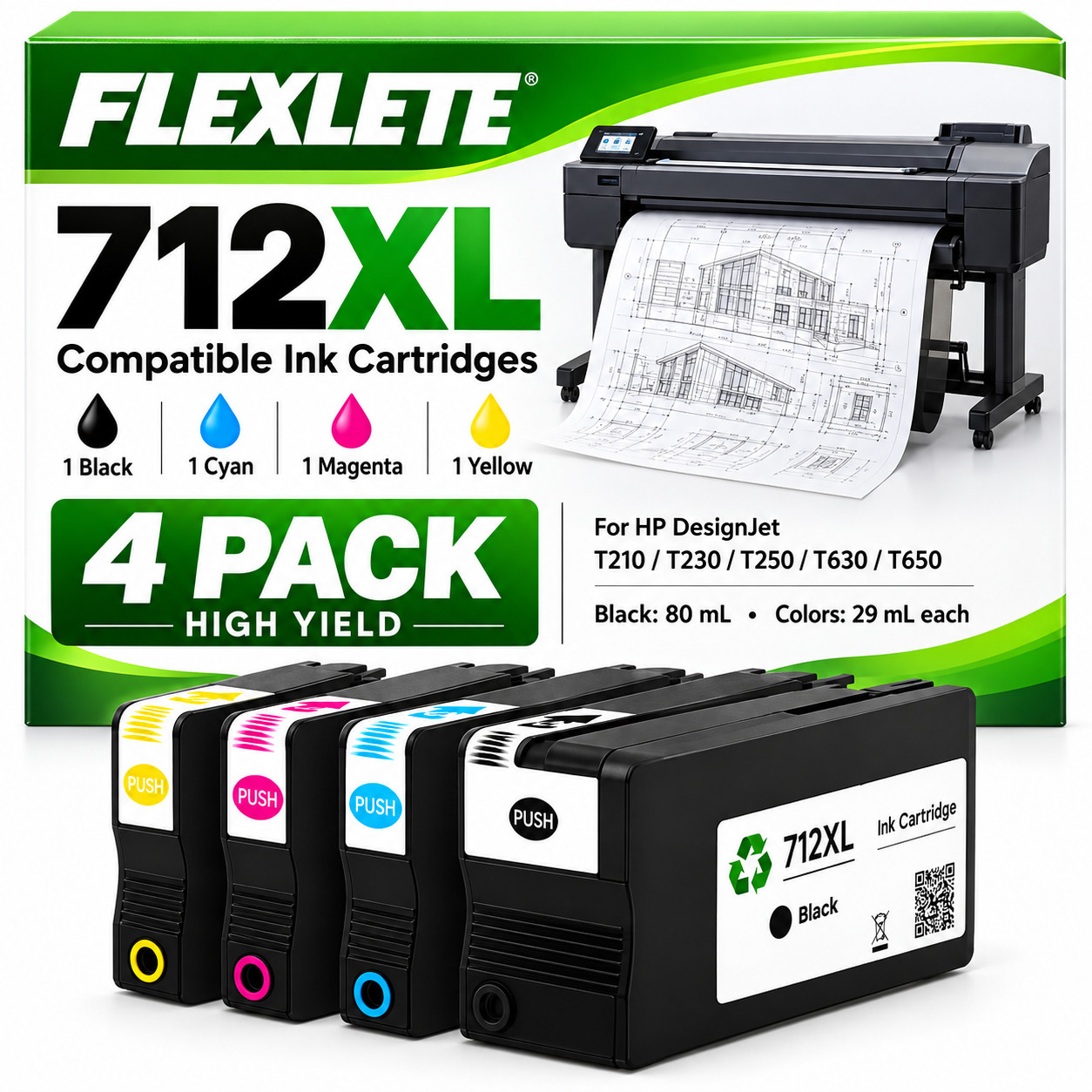 4X 712XL Ink Cartridges for HP for DesignJet T210 T230 T250 T630 T630 T650 T650