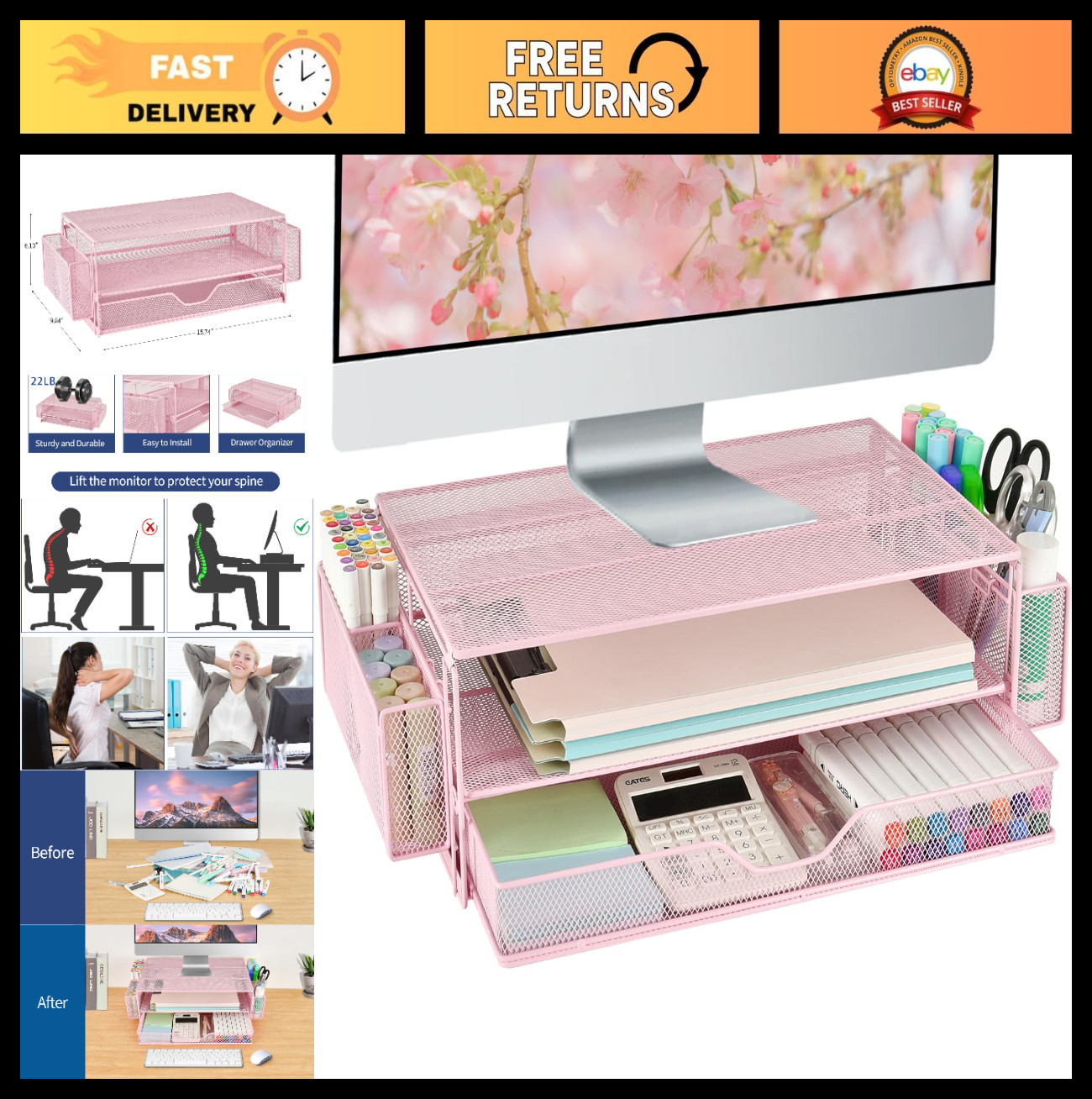 2-Tier Computer Monitor Stand Riser, Desk Organizer with Drawers & Pen Holders -