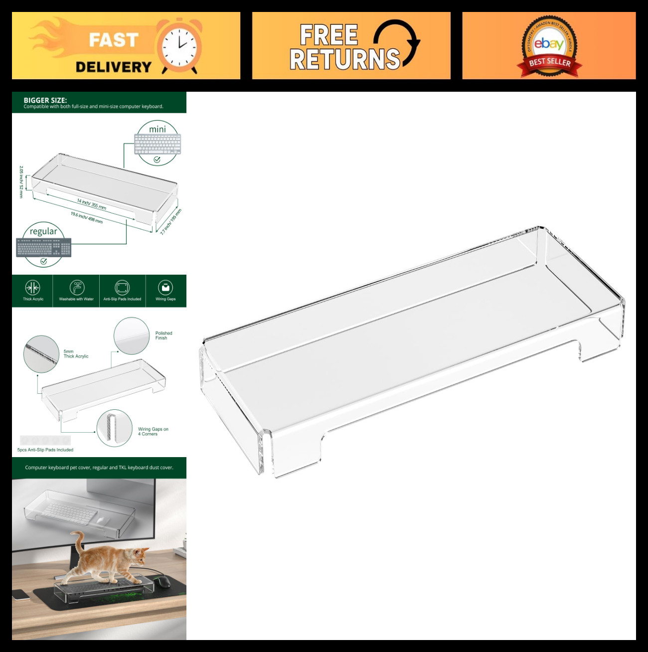 Clear Acrylic Mechanical Keyboard Dust Cover - Cat Protector, PC Keyboard Shield